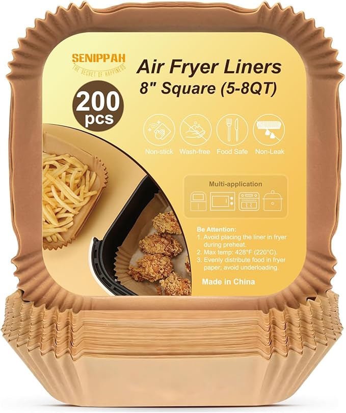 200 Pcs 8" Air Fryer Liner Square Baking Parchment Paper Airfryer Liners,Unbleached Disposable Non-stick & Non-Leak & Non-Washing Air Fryer Paper Liner for 5-8 QT Air Fryer Basket