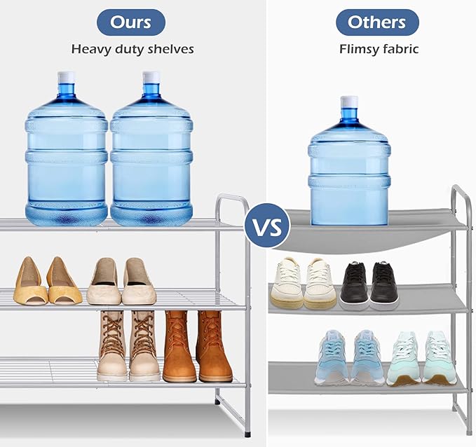 KEETDY 3-Tier Long Shoe Rack for Closet Metal Shoe Organizer for Entryway, Wide Stackable Shoe Storage Shelf with Sturdy Wire Grid for Closet Floor, Bedroom, Grey…
