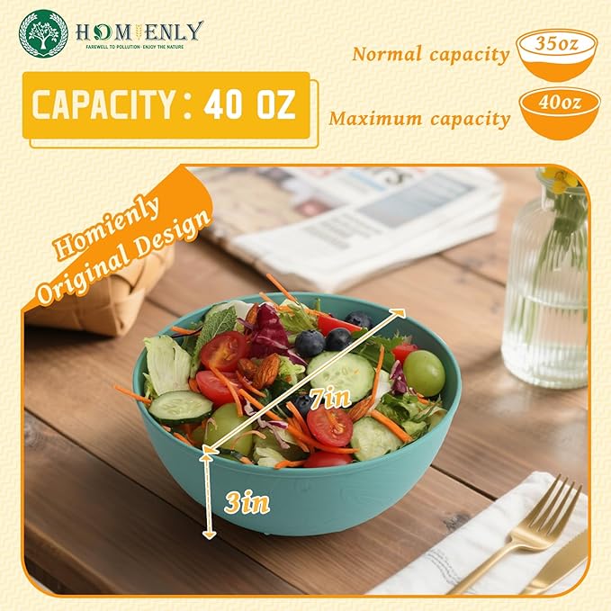 Homienly Wheat Straw Bowls Set of 6, 40 OZ Cereal Bowls for Kitchen, Unbreakable Soup Bowl with Unique Texture, Alternative to Plastic Bowl for Decoration, Microwave & Dishwasher Safe, Reusable,Multi