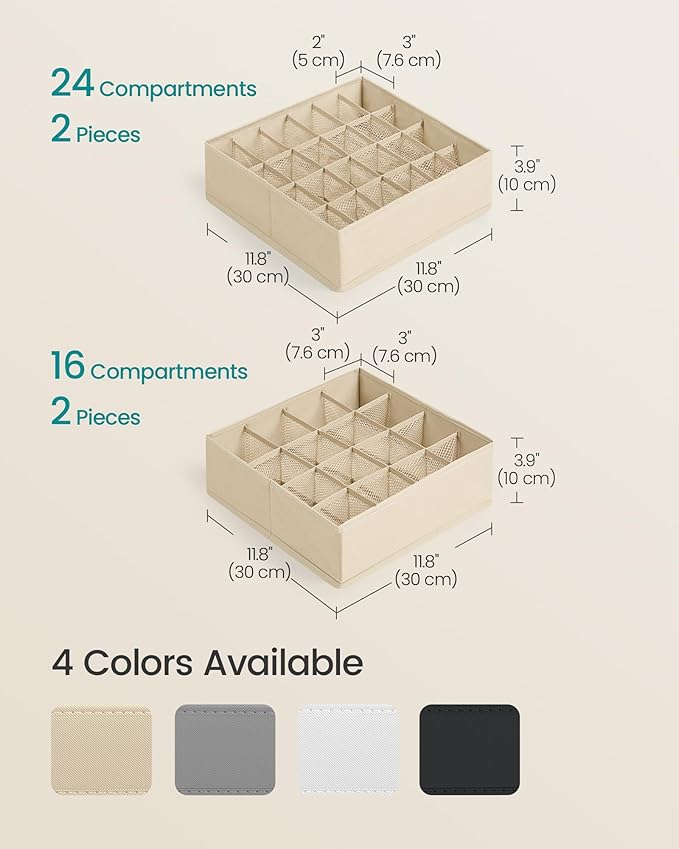 SONGMICS Set of 4 Underwear Organizers, Drawer Organizers, Dresser Closet Storage, 80 Cells (2x16+2x24), Foldable Dividers, 11.8 x 11.8 x 3.9 Inches, for Socks, Ties, Belts, Summer Sand URUS011K01