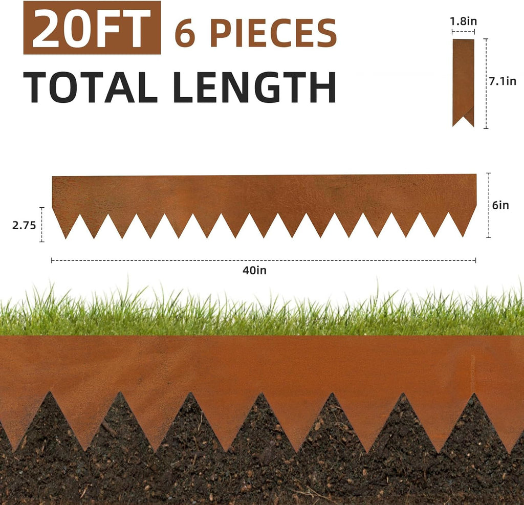 Weathering Steel Edging 6 Pack, 40" L x 6" H Depth Corten Steel Landscape Edging Kit Rust Patina Finish, 20ft Total Metal Edging for Landscaping, Metal Garden Border & Lawn Edging