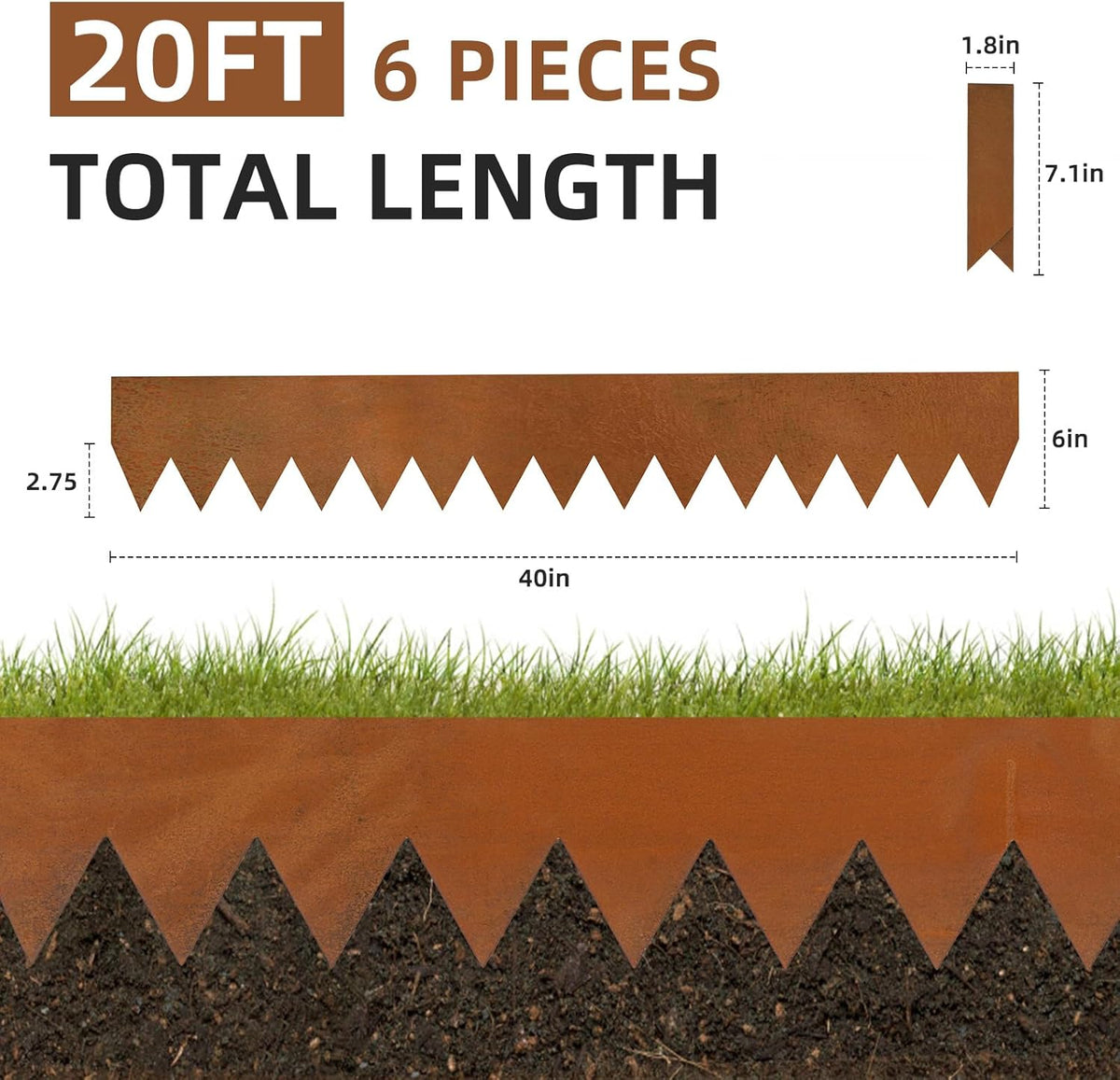 Weathering Steel Edging 6 Pack, 40" L x 6" H Depth Corten Steel Landscape Edging Kit Rust Patina Finish, 20ft Total Metal Edging for Landscaping, Metal Garden Border & Lawn Edging