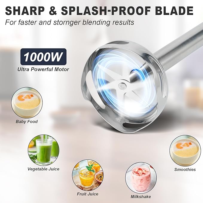 Immersion Blender, 5 Variable Speeds & Turbo, 4-In-1 Stainless Steel Handheld Blender Stick Mixer with Egg Whisk, Beaker & Chopper Bowl
