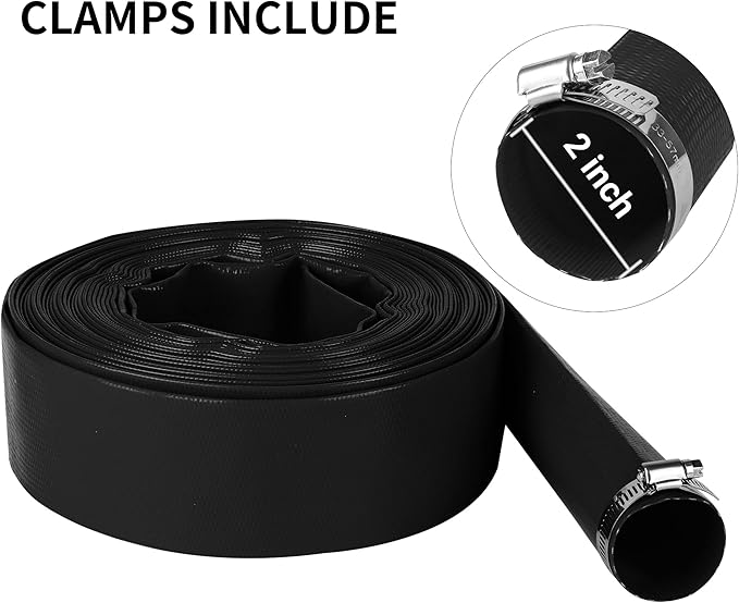 2" x 25 FT Pool Backwash Hose, Black Heavy Duty Reinforced PVC Lay Flat Water Discharge Hose for Swimming Pool Filter Pump,with 2 Clamp
