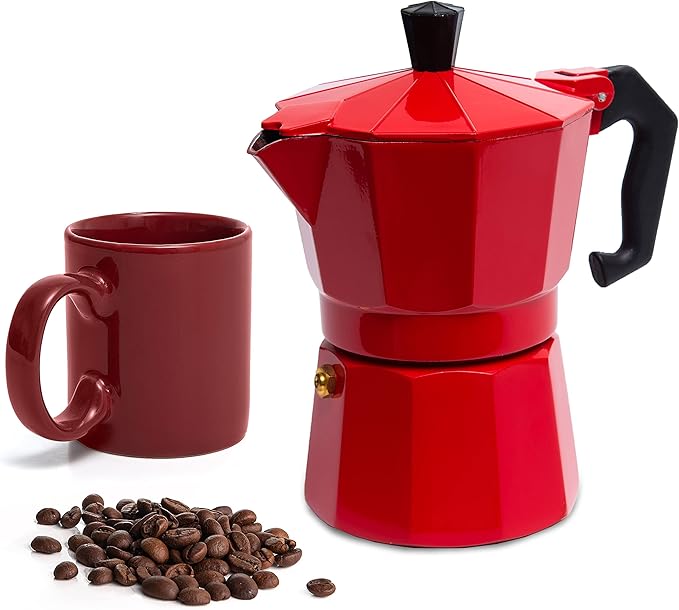 Mixpresso Red 3 Cup Moka Pot Cuban Coffee Maker, Moka Pot for Gas, Electric Stove Top, Classic Italian Coffee Maker, Stovetop Espresso Maker, Camping Pot Makes 3 Espresso Cup 5 Oz - Mug 4.4 Oz