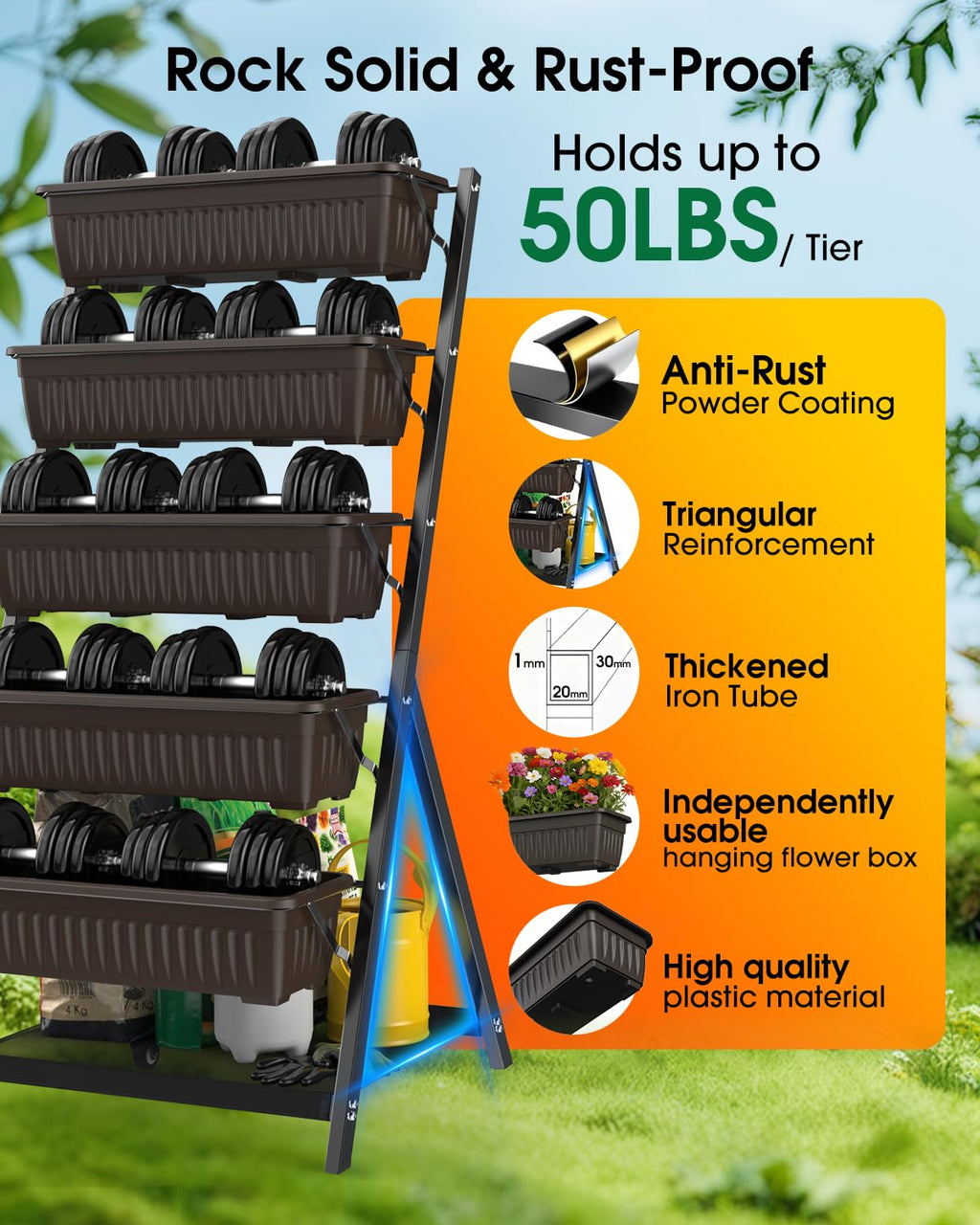 Olaiti 5-Tier Vertical Garden Bed Planter Boxes with Drainage System & Storage Space, Freestanding Vertical Garden Planter with 5 S-Hooks for Plants Vegetables Flowers Herbs in Garden Patio Yard
