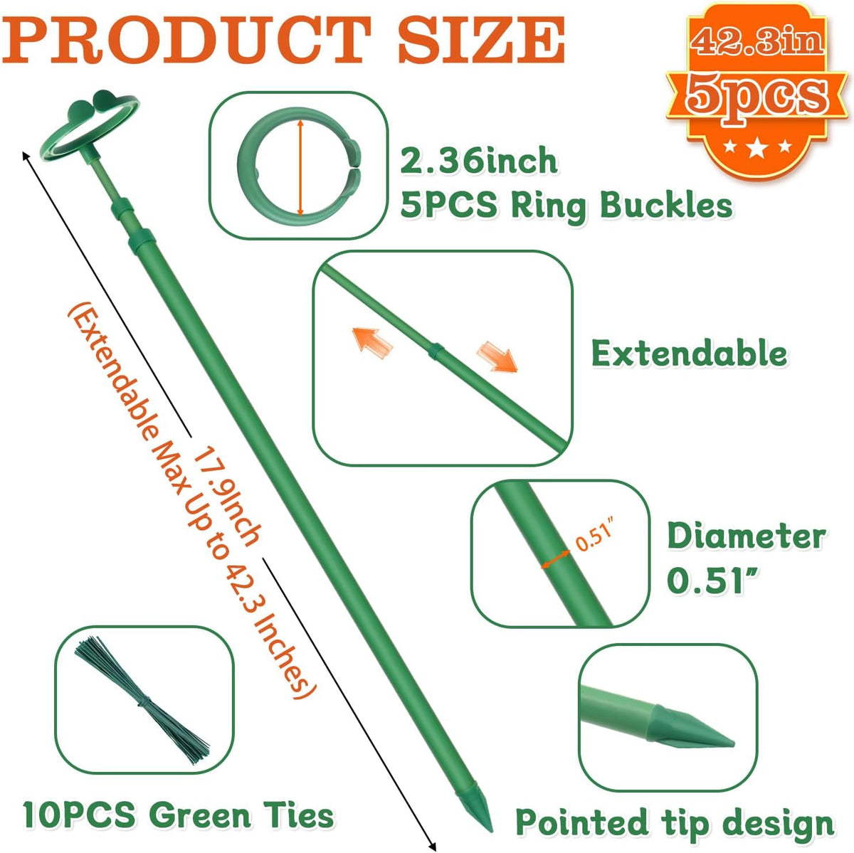 Extendable Plant Stakes,Adjustable Length from 17.9IN to 42.3IN Monstera Support Stakes with Clips,Sturdy Plant Stakes for Indoor Outdoor,Garden Sticks for Tomato,Orchid,Climbing Plants- 5Pack