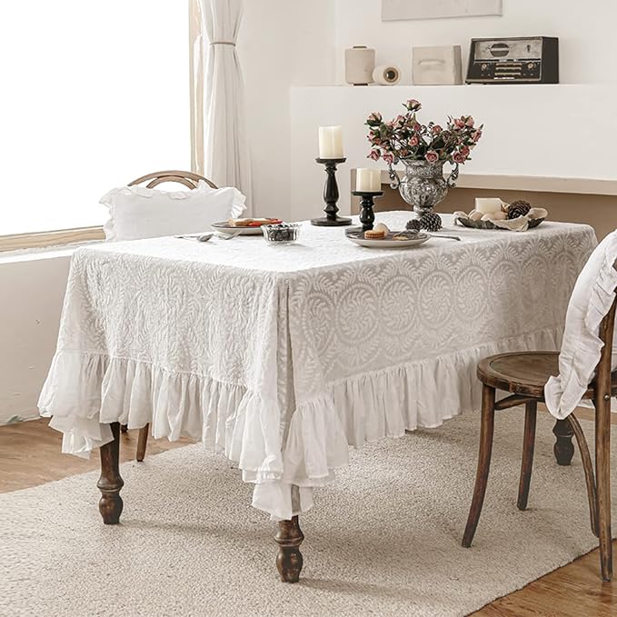 patdrea Vintage Ruffle Tablecloth for Rectangle Tables,Farmhouse Embroidered Cotton White Lace Table Cloth Cover Decor for Dining Room Wedding Banquet Thanksgiving Christmas,63"*98"