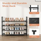 4 Tier Shoe Rack, Shoe Organizer Storage for 16-20 Pair Boot and Sneaker, Stackable Free Standing Shoe Shelf with Hooks and Side Pocket, Space Saving Shoes Rack for Closet, Entryway