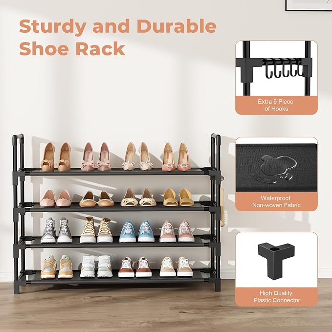 4 Tier Shoe Rack, Shoe Organizer Storage for 16-20 Pair Boot and Sneaker, Stackable Free Standing Shoe Shelf with Hooks and Side Pocket, Space Saving Shoes Rack for Closet, Entryway