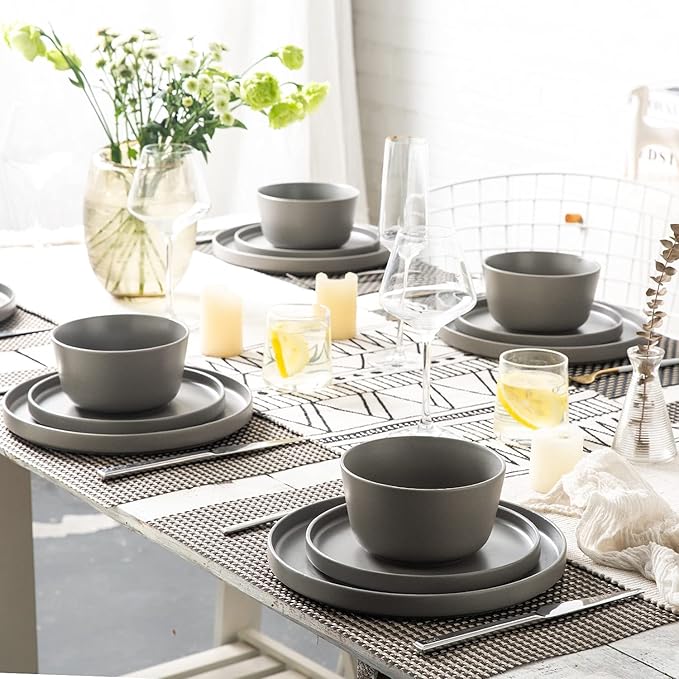AmorArc Ceramic Dinnerware Sets for 4, Modern Flat Stoneware Plates and Bowls Sets,Chip and Crack Resistant | Dishwasher & Microwave Safe Dishes Set,Scratch Resistant- Service for 4 (12pc)-Matte Gray