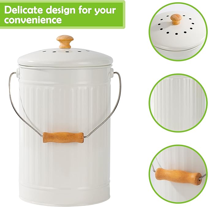 1.7 Gallon Kitchen Compost Bin, Indoor Countertop Compost Bin with Lid, 100% Rust Proof Compost Bucket with Non-Smell Charcoal Filters (White)