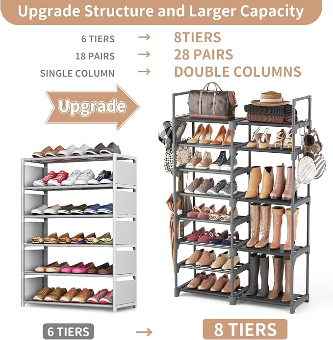 ROJASOP Shoe Rack, Shoe Storage Organizer for Closet Entryway Garage Bedroom, 8 Tier Tall Metal Shoe Shelf for 26-32 Pairs Boots & Shoes, Adjustable Shoe Stand for Small Space