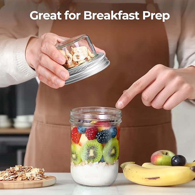 ComSaf 2-Pack 20 oz Overnight Oats Containers with Lids On-The-Go Dual-Laryer Yogurt Parfait Cups with Dry and Wet Separation Mason Jars for Chia Pudding Cereal Nut Fruit Meal Prep Salad