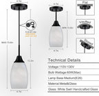 Mini Glass Pendant Light,1-Light Handblown White Oval Art Glass Hanging Pendant Light for Kitchen Island,Dining Room,Living,Foyer,Hallway, Entry Matte Black Metal
