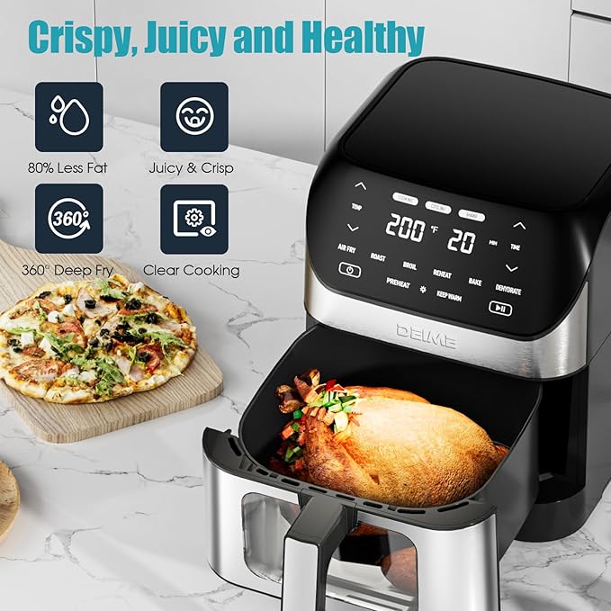Air Fryer 6.2 QT Large Capacity Oilless Hot Air Fryers Oven 1500W Healthy Cooker with 10 Presets, Digital LCD Touch Screen, Visual Cooking Window, Non-Stick Basket, Included Recipe (Silver-L)