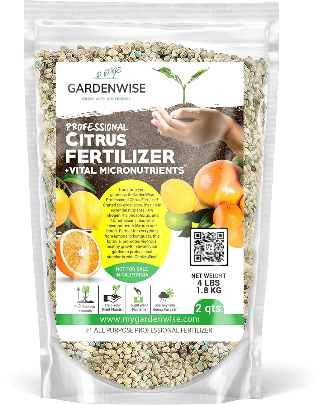Professional Citrus Fertilizer + Vital Micronutrients; Perfect Balanced NPK for All Citrus; for Indoor and Outdoor Plants; Orange, Lime, Avocado and Lemon Tree Fertilizer (2 QUARTS)