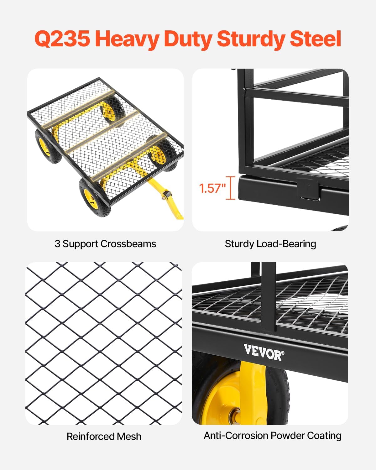 VEVOR 1200 Lbs Steel Garden Cart, Heavy Duty Pullable Garden Wagon Yard Cart, 2 in 1 Outdoor Metal Utility Wagon Yard Trailer with 13" All Terrain Tires, Mesh Removable Sides and 180°Rotating Handle