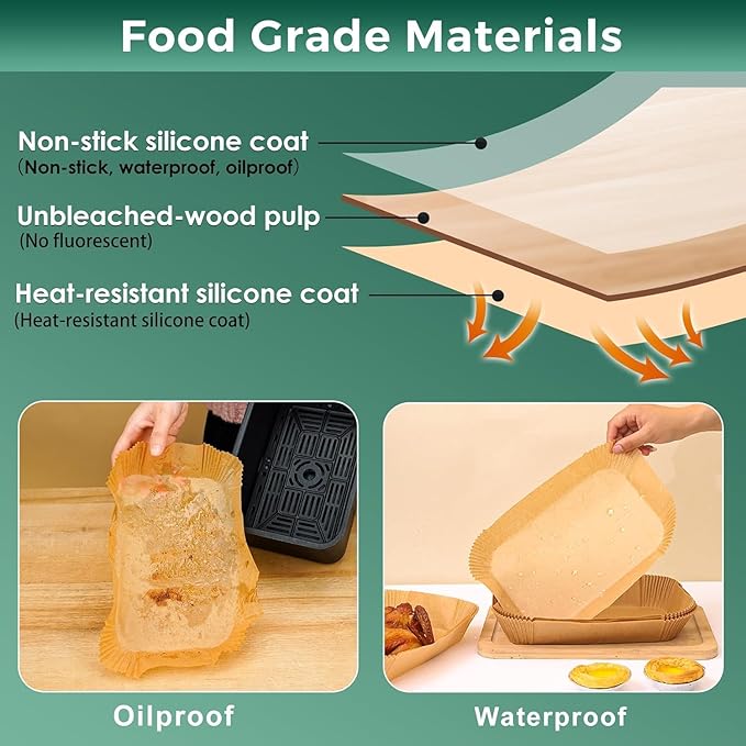 Vailnd 300Pcs Air Fryer Paper Liners Disposable, 8x5.5" Rectangle Parchment Paper, Sheets, Non-stick Liners for Rectangular Airfryer Basket Oilproof Waterproof