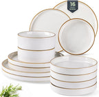 GBHOME Ceramic Dinnerware Sets With Double Bowl for 4, 16 Pieces Stoneware Plates and Bowls Set, Reactive Glaze Dishes -Scratch Resistant, Dishwasher&Microwave Safe-Pearl White