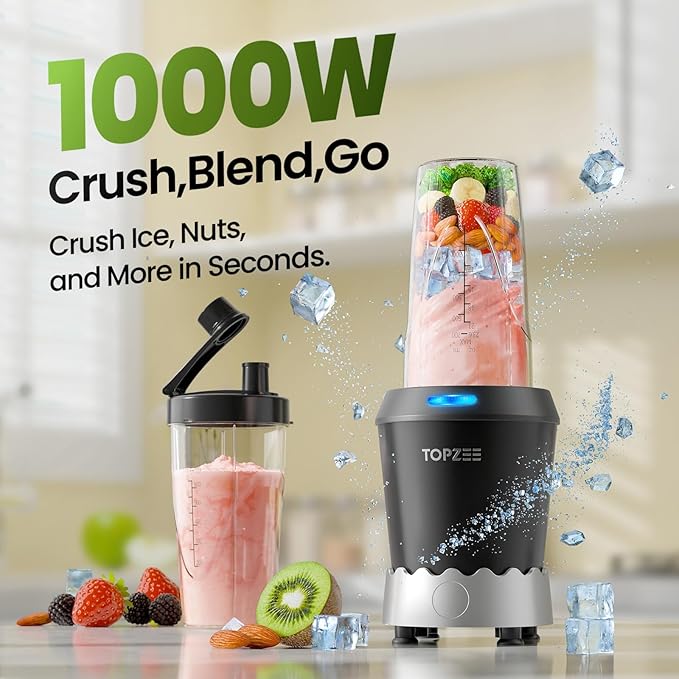 Personal Smoothie Blender - 1000W Single Serve Smoothie Maker with 24oz Portable Travel Cups, Ideal for Protein Shakes, Frozen Drinks, and Kitchen Use