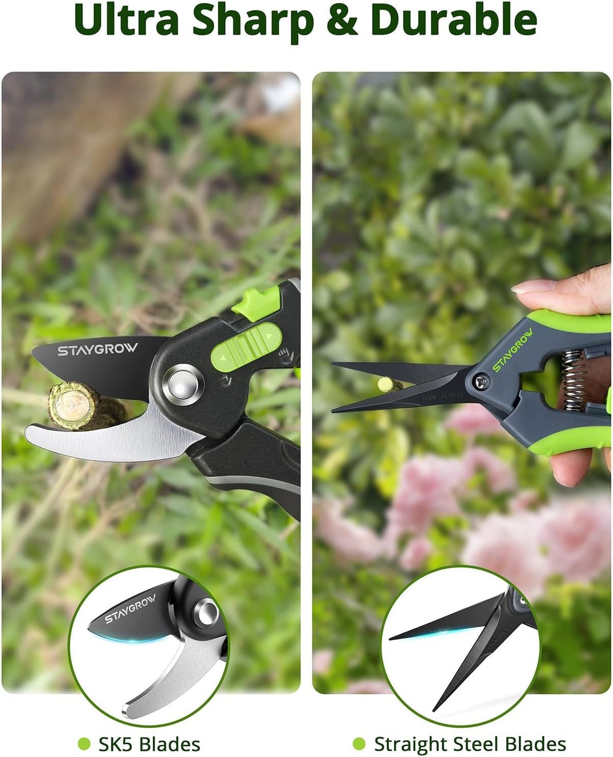 Garden Shears Set: 8.5" Bypass Pruning Shears & 6.5" Straight Trimming Scissors, Ultra-Sharp Garden Scissors with Stainless Steel Blades, Safety Lock, Gardening Gifts for Women Men, 2 Pack