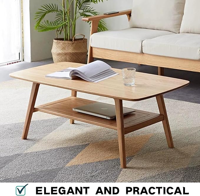 Wood Coffee Table - 2-Tier Oak Center Coffee Table with Storage Shelf for Living Room, Apartment, and Office