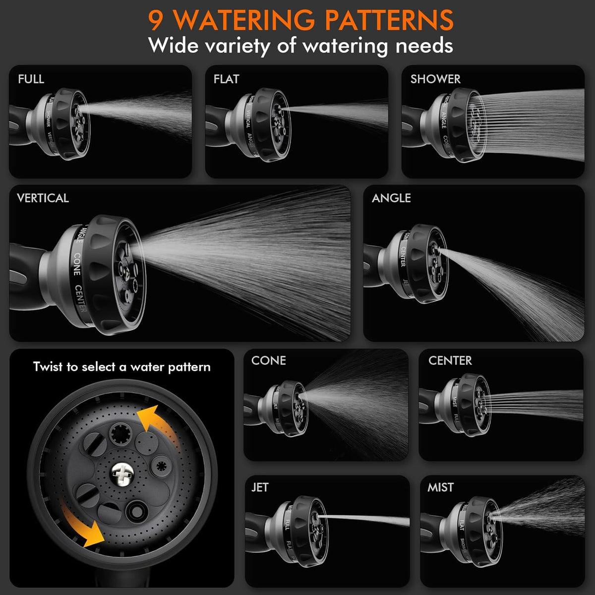 RESTMO Water Hose Nozzle, Metal Garden Hose Sprayer, Heavy Duty | 9 Spray Patterns | High Pressure | Thumb Flow Control, Ideal for Outdoor Lawn & Plant Watering, Car & Pet Washing, Silver