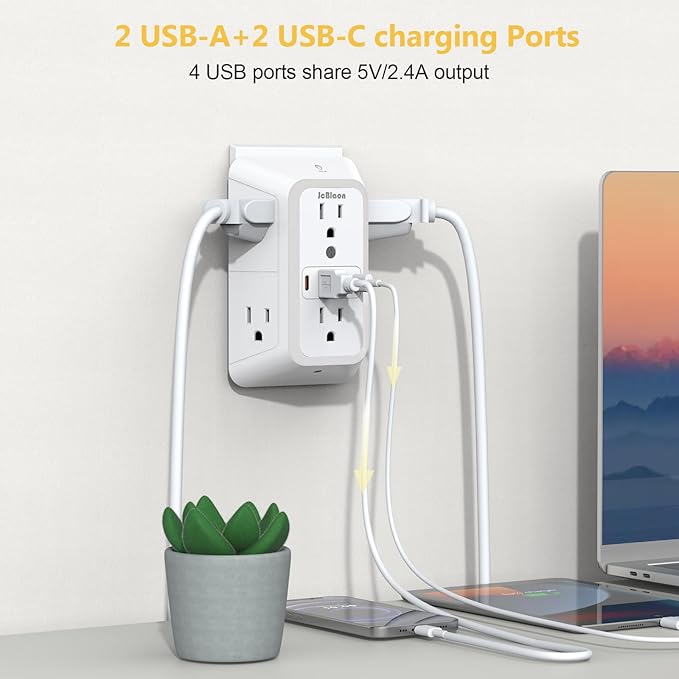 Wall Outlet Extender with Night Light, Power Plug Adapter Multi Plug Outlet Surge Protector with 4 USB Charging Ports (2 USB C), Adapter Spaced Outlets for Home Travel Office