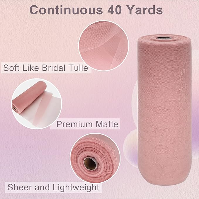 Dusty Rose Tulle Fabric Roll Spool Bolt (54 Inch by 40 Yards) Large Tulle Wedding Party Decoration, Tutu Skirt, Table Runner, Gift Wrapping, Bridal Shower, Soft & Drape (Dusty Rose)
