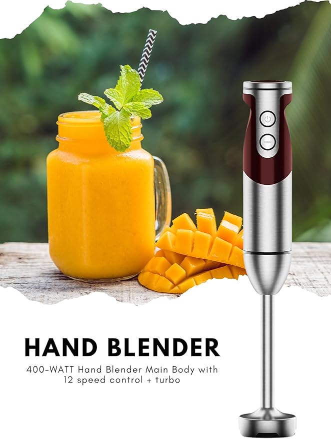 MEGAWISE new Hand Blender Series Single Hand Blender,no attachments,12-Speed,Includes Powerful Blender Stick- Easy to Clean and Perfect for Smoothies, and More (RED)
