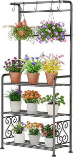 Plant Stand Indoor Outdoor Heavy Duty Metal - 56.4" Tall 3-Tier Shelf for Multiple Plants, Flowers, Rustproof Black Storage Rack for Patio, Balcony, Living Room, Garden, Includes Hooks&Adjustable Feet