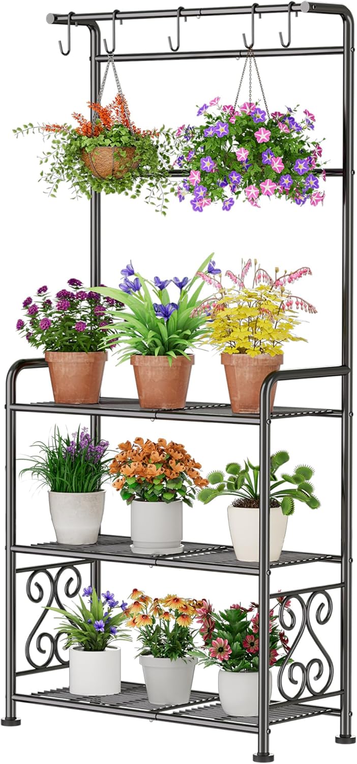 Plant Stand Indoor Outdoor Heavy Duty Metal - 56.4" Tall 3-Tier Shelf for Multiple Plants, Flowers, Rustproof Black Storage Rack for Patio, Balcony, Living Room, Garden, Includes Hooks&Adjustable Feet