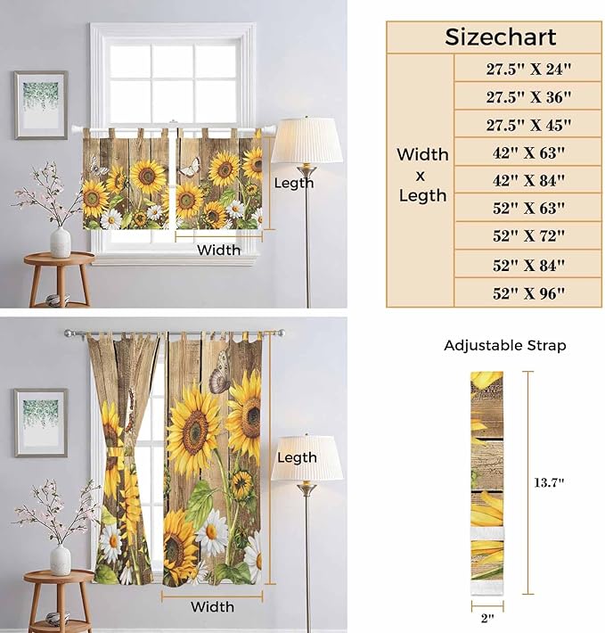 Farmhouse Sunflowers Living Room Curtains 84 Inch Length, Window Curtains Tab Top, Rustic Floral Buttterfly Wood Board Brown Light Filtering Window Treatments Drapes 42"x84" 2 Panel