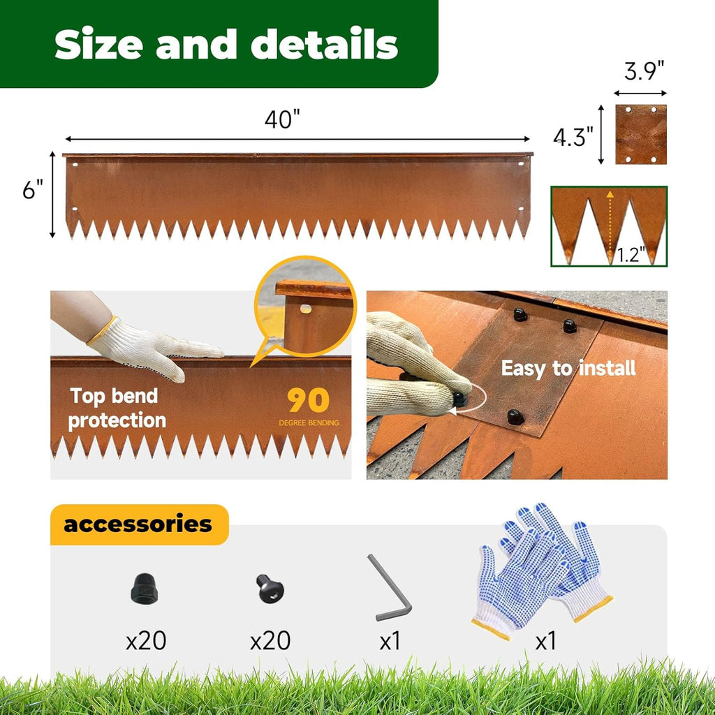Steel Garden Metal Landscape Edging 40 inch with Top Bending Protection Pre-Rusted Steel Garden Edging 6 Inch Depth 90 Degree Bend 6 Pack for Lawn Yard (6 inch-90 Degree Bend, Rusted)