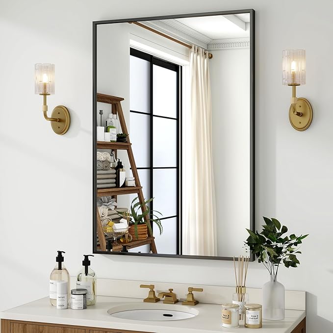 HARRITPURE 24"x36" Framed Bathroom Mirror for Wall Rectangle Mirror Aluminum Alloy Frame Wall-Mounted for Farmhouse Entryway Bedroom Living Room Black