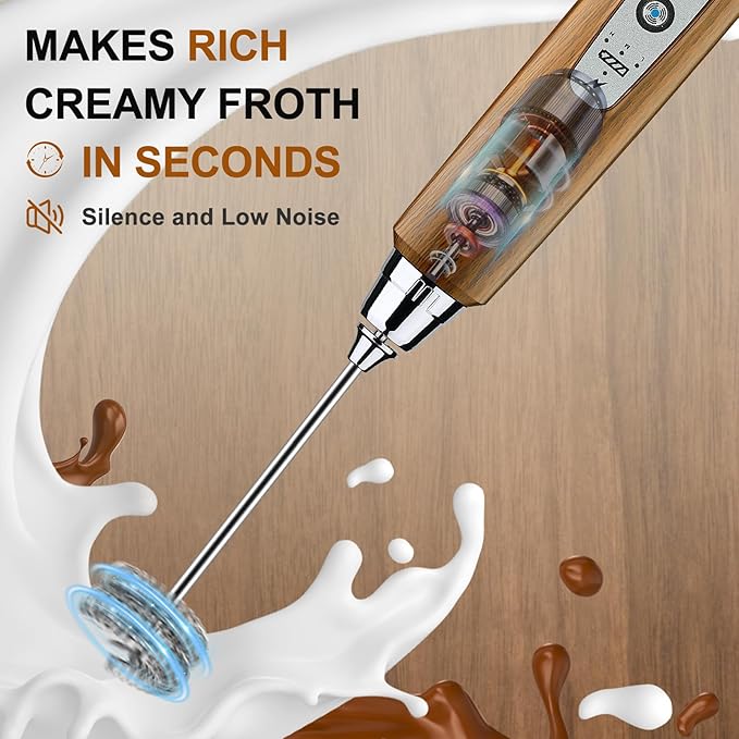 YUSWKO Wood Grain Handheld Milk Frother Wand for Coffee, Rechargeable Electric Whisk with 3 Heads 3 Speeds Drink Mixer Coffee Frother For Latte, Cappuccino, Hot Chocolate, Egg