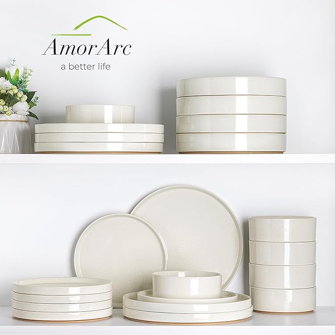 AmorArc Ceramic Dinnerware Set for 8 | Speckled Stoneware Plates and Bowls with Rustic Terracotta Underside| Scratch Resistant,Dishwasher & Microwave Safe Dishes Sets- 24pcs Beige