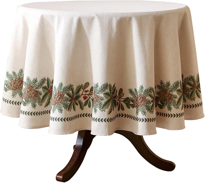 ISAENNE Designer Christmas Linen Small Round Tablecloth,Light Beige Western Elegant Table Cloth,Wrinkle Resistant Decor Tablecloths for Dining Thanksgiving Kitchen Christmas,Diameter 55"-Carol G