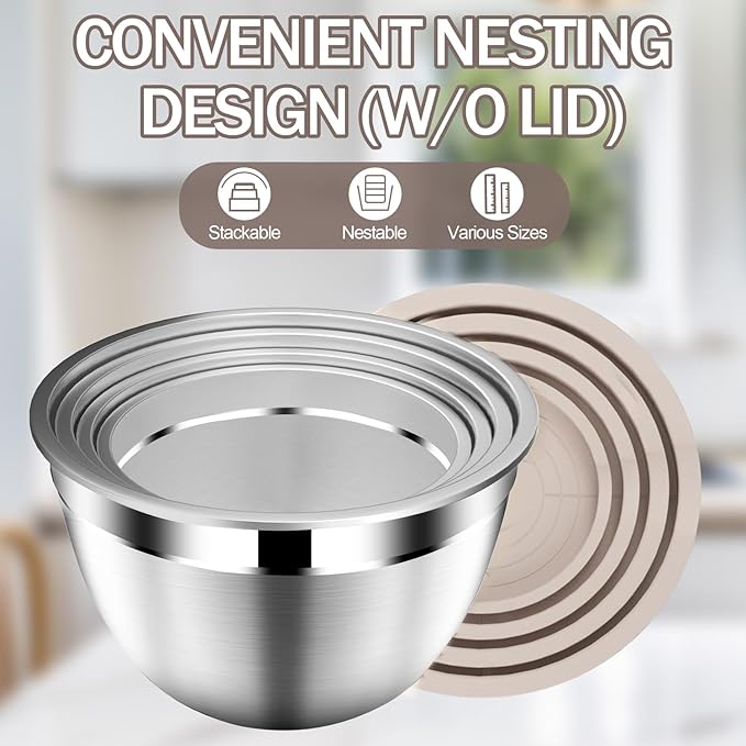 Stainles Steel Mixing Bowls with Lids Set, Stackable Metal Mixing Bowl with Strainer, 5-Piece - Beige