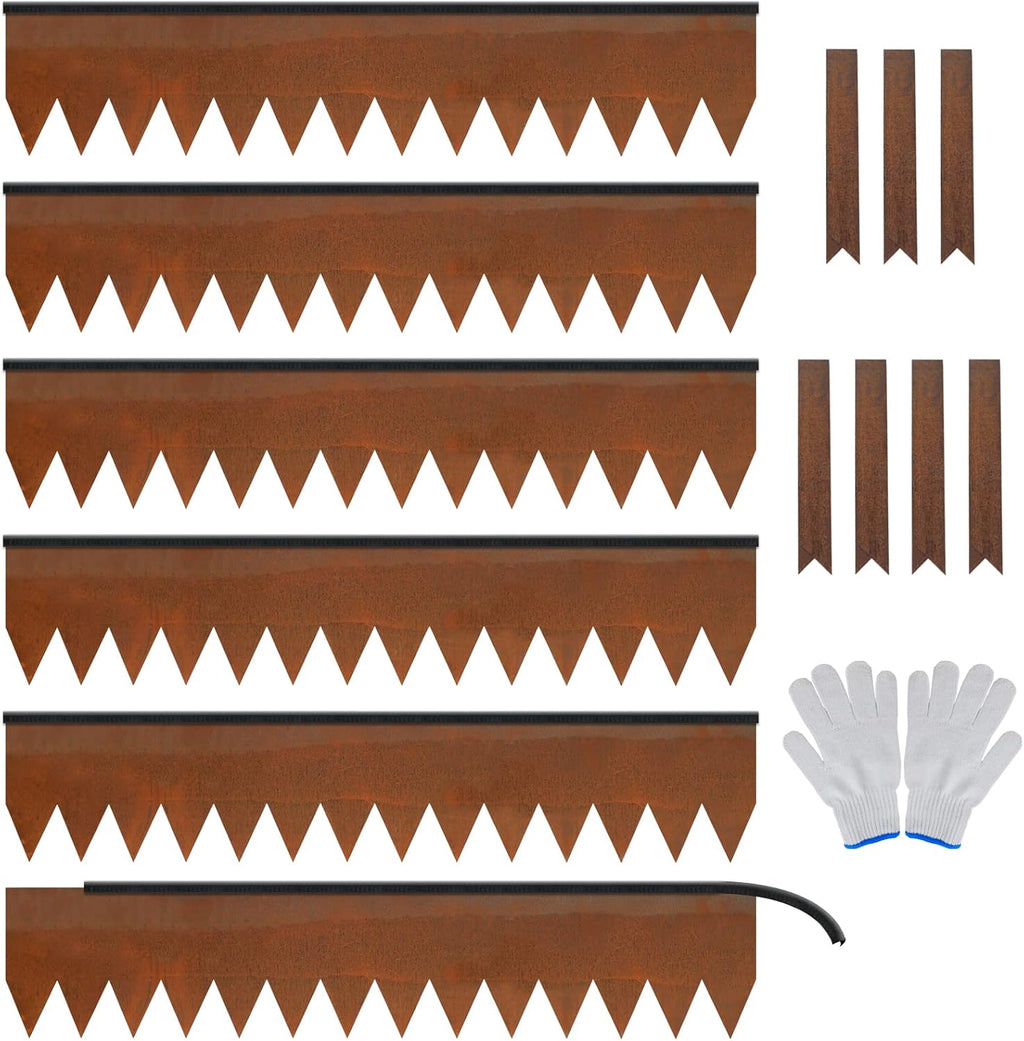Worth Garden 6-Pack Cor-Ten Steel Landscape Edging with Black Protection Strips - Rust Patina Finish 40" L x 8" H (20Ft Total) - Hammer-in 14-Gauge Metal Corten Lawn Yard Edging Border w/ 7 Clips
