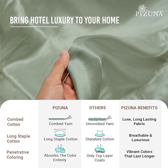 Pizuna 100% Cotton Queen 3 Pc Duvet Cover + 1 Pc Fitted Sheet Set 400 Thread Count Sea Foam Sateen Weave Luxurious Long Staple Cotton 4 Piece Bedding Set - 1 Duvet Cover,2 Pillow Shams,1 Fitted Sheet