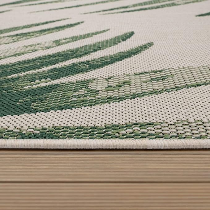 Outdoor Rug Beige Green with Floral Palm Leaf Design Waterproof, Size: 2'8" x 4'11"