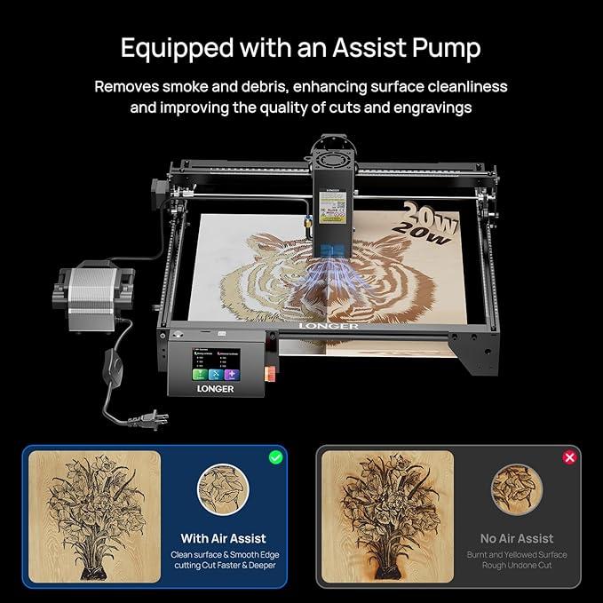 Longer RAY5 20W Laser Engraver with Air Pump and Y-Axis Extension Kit, Expand Working Area to 33.46" x 15.75", 3.5” Color Touch Screen, App Offline Control, DIY Engraver Tool for Metal/Glass/Wood