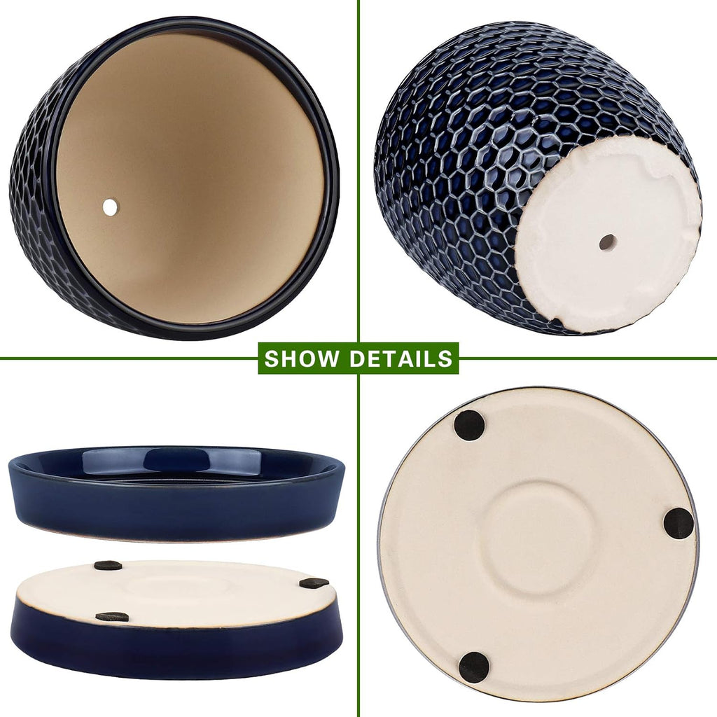 Docrin Ceramic Plant Pots Indoor, 6.6 + 5.5 Inch Planters with Drainage Holes and Saucer for Home/Office - Set of 2 /Blue Honeycomb