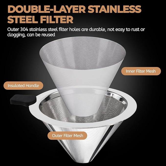 Pour Over Coffee Maker 400ml with 304 Stainless Steel Filter and Wooden Collar Holder Borosilicate Glass Drip Coffeemaker Server Set Clear Hand Brew Dripper Carafe for Home Camping Travel 13.5oz