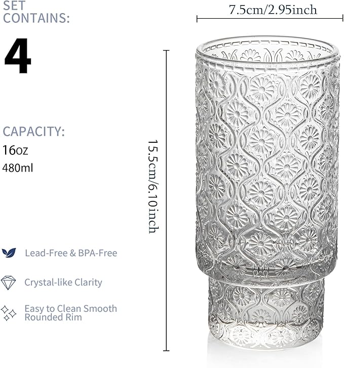 Drinking Glasses Set of 4, 16oz Textured Flower Design Cocktail Glasses, Stackable Old Fashioned Glass Cups, Vintage Glassware for a baby Shower Wedding for Kitchen and Bar - Dishwasher Clear