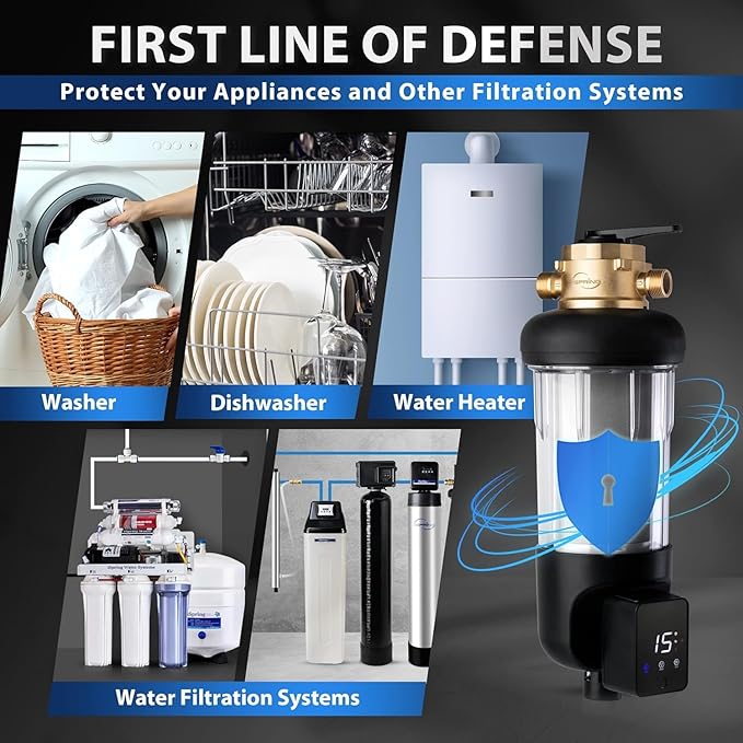 iSpring WSP500ARJ-BP, NSF Certified, Whole House Spin-Down Sediment Water Filter with Bypass, Clear Housing, Jumbo Size, Flushable and Reusable, Touch-Screen Auto Flushing, 4 Modes, 500 Microns
