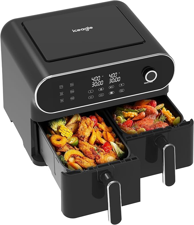 iceagle Dual Air Fryer 11 Quart - 6-in1 Airfryer with 2 Frying Baskets, Precise-control Knob | Sync & Dual Cook Functions to Ary Fry, Roast, Broil, Reheat and Dehydrate for Easy and Crispy Meals