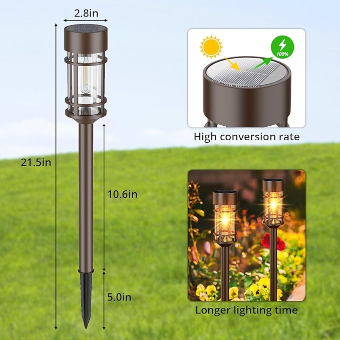 Solar Pathway Lights Outdoor Solar Lights 8 Pack Metal & Glass Design - Waterproof Auto On/Off Bright Long-Lasting Garden Landscape Lighting Walkway Driveway